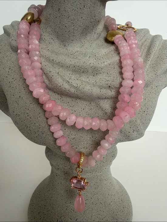 Jewelry - Beaded Natural Stone Women’s Double Strand Necklace with Pink Quartz